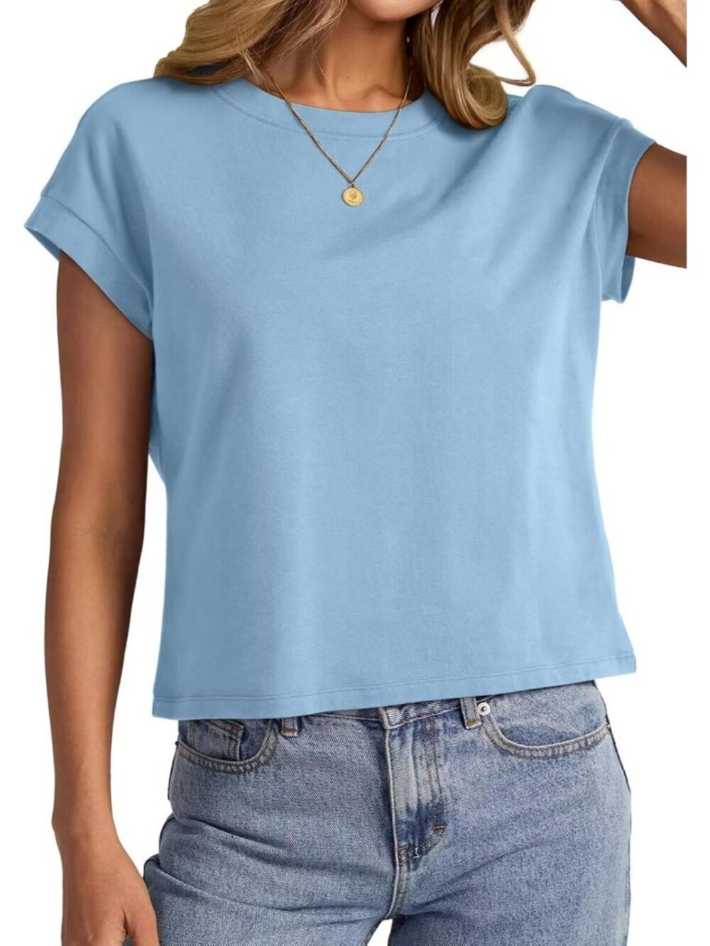 〽️Women Light Blue Cap Sleeve Crewneck Loose Fit Casual Summer Pull On Crop Tops